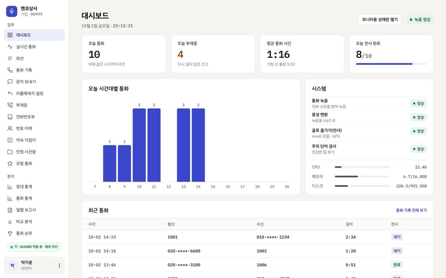 망고레코딩 대시보드 화면(시연 데이터)